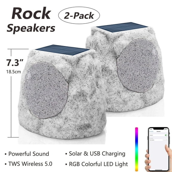 NiceBuy 2-Pack 7.3" Bluetooth Rock Speakers, Powerful Sound Solar Outdoor Wireless TWS Stereo Speaker with RGB Colorful LED Light for Indoor Outside Patio Garden