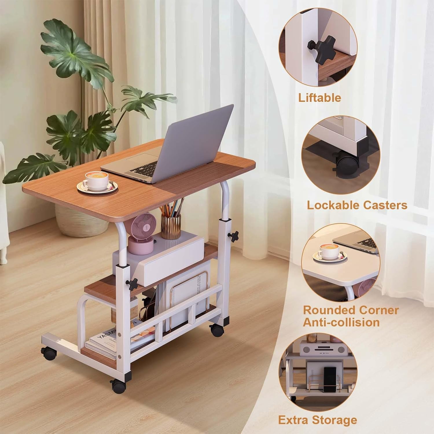 Adjustable Height Mobile Standing Desk – Portable Rolling Computer Table with Storage Shelves – Compact Laptop Desk for Home Office, Study, Small Spaces – with Wheels, Walnut Color 60 x 40CM