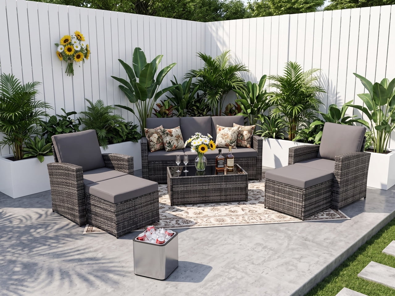 Howcool 6-Piece Patio Furniture Set,Wicker Outdoor Rattan Sectional Sofa with Cushions and Glass Table,All-Weather Outdoor Conversation Set for Garden,Porch,Backyard,Patio,Gray+Gray