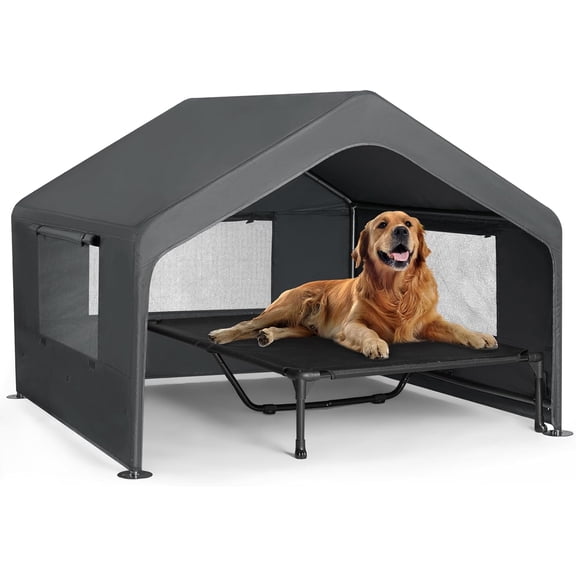 Extra Large Dog House Outdoor with Elevated Dog Bed, Outside Dog Tent 4.1'x4.1'x3.3', Weatherproof Dog Shade Shelter and Raised Bed Combo for Pets or Stray Animals, Grey, CWC2530CP