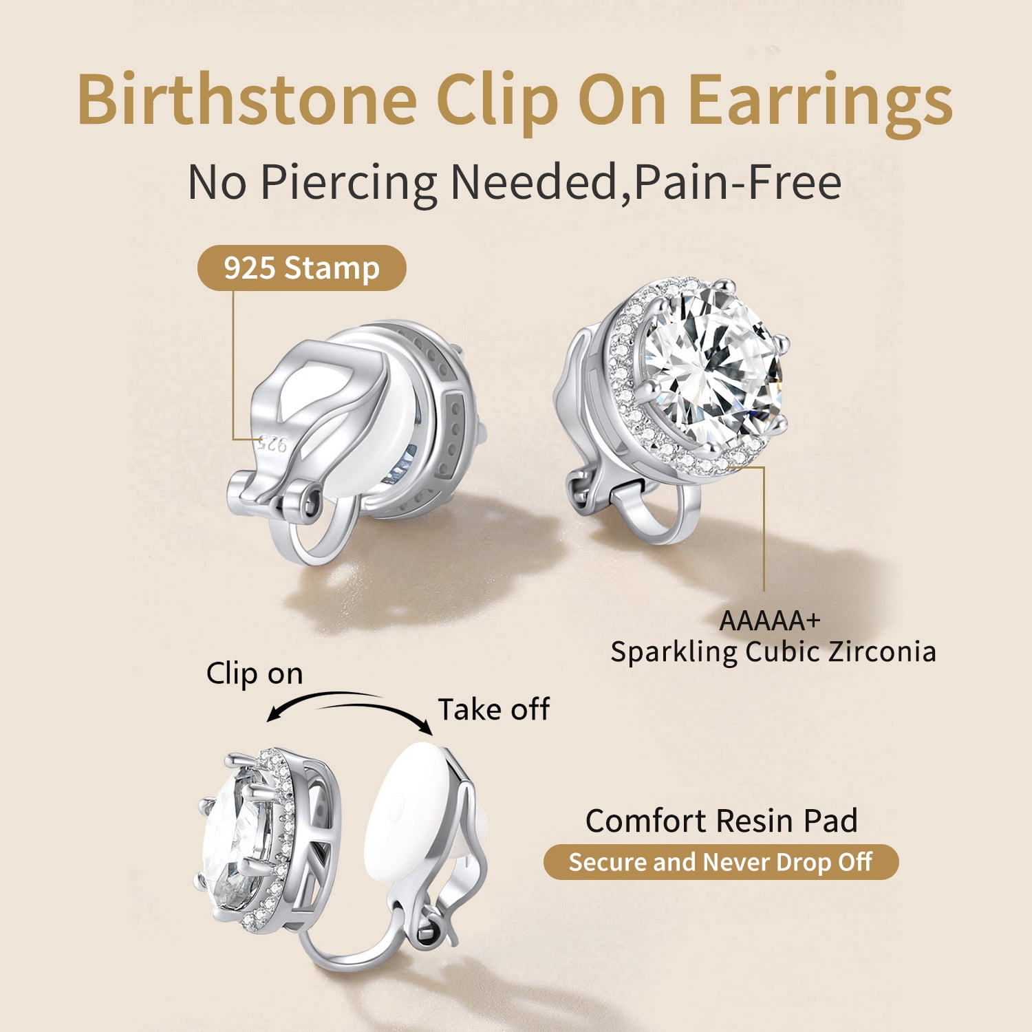 FindChic Pure 925 Sterling Silver Clip On Earrings for Women, Round 8MM Cubic Zirconia Non Pierced Studs Synthetic Diamond Birthstone Earrings Jewelry Gifts for Her, Birthday/Christmas