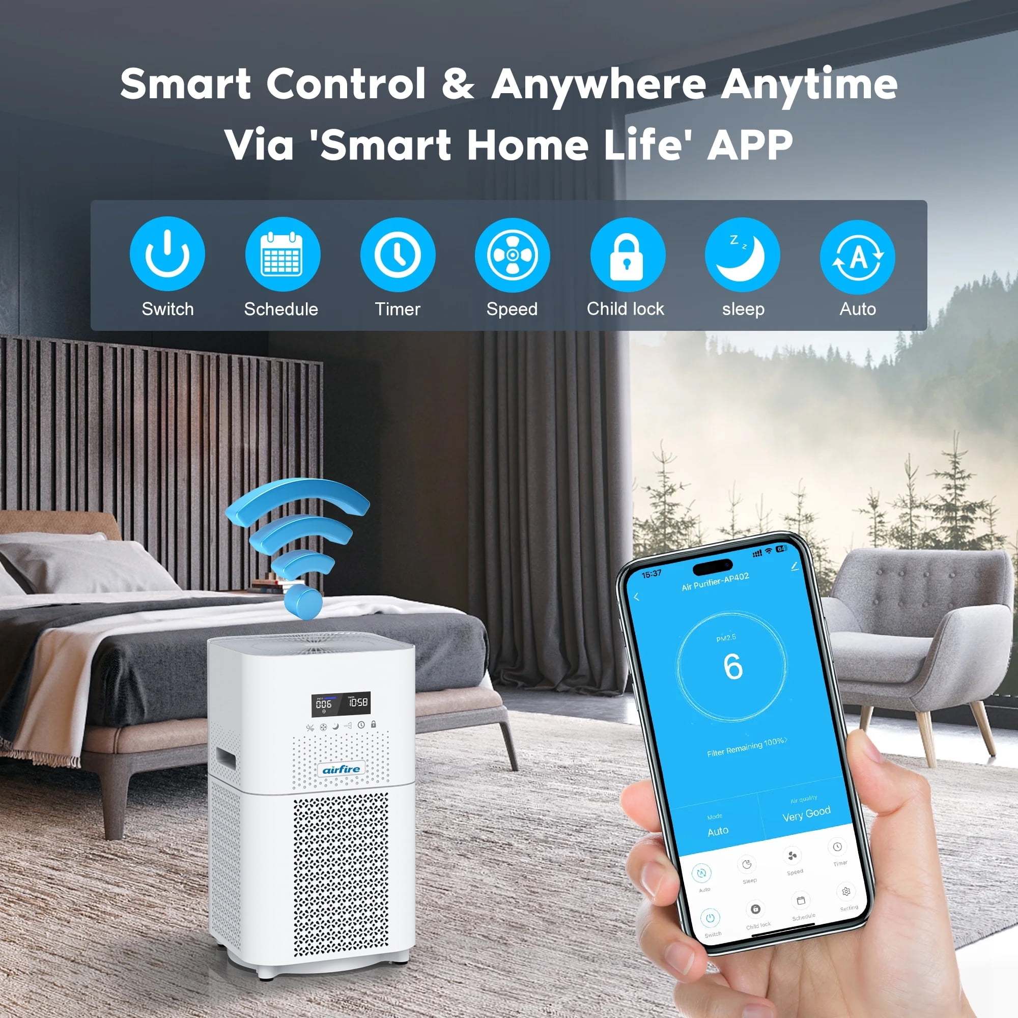 Airfire Air Purifier for Home Large Rooms, up to 2500 Sq. ft Smart WiFi Air Cleaner, Air Purifiers for Allergies and Asthma, H13 True HEPA Filter for Pet Hair, Allergens, Smokers, Odors, Dust, Pollen