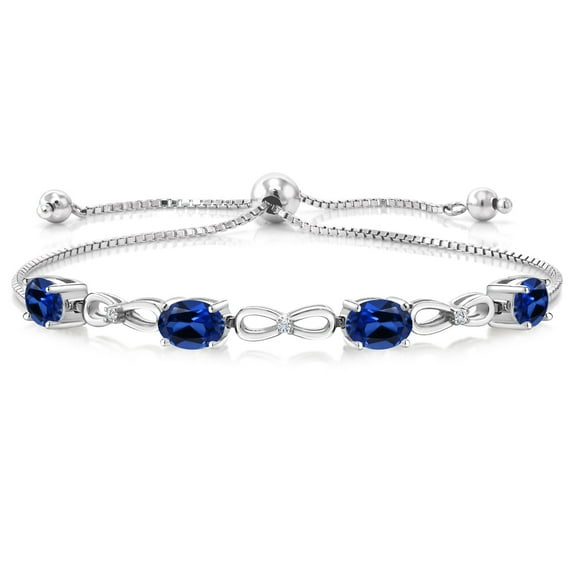 Gem Stone King 4.02 Cttw Blue Created Sapphire and White Lab Grown Diamond 925 Sterling Silver Bracelet for Women | Oval 7X5MM | Adjustable Bolo Bracelet for Women | Easy-On Easy-Off