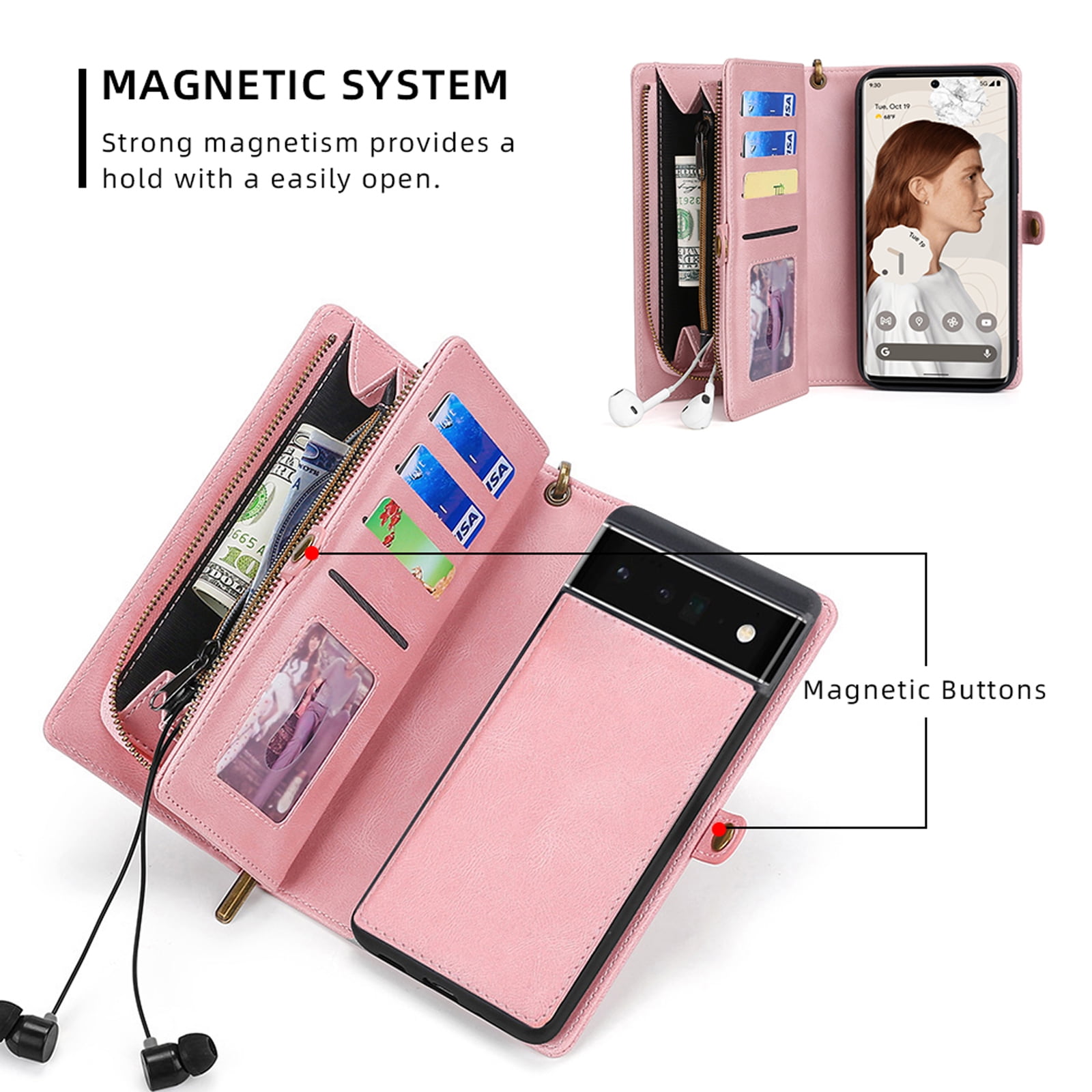 Defencase for Google Pixel 7 Pro Case for Women Men, Removable Durable PU Leather Magnetic Flip Strap Wristlet Zipper Purse Card Holder Detachable Wallet Phone Cases for Google Pixel 7 Pro, Pink