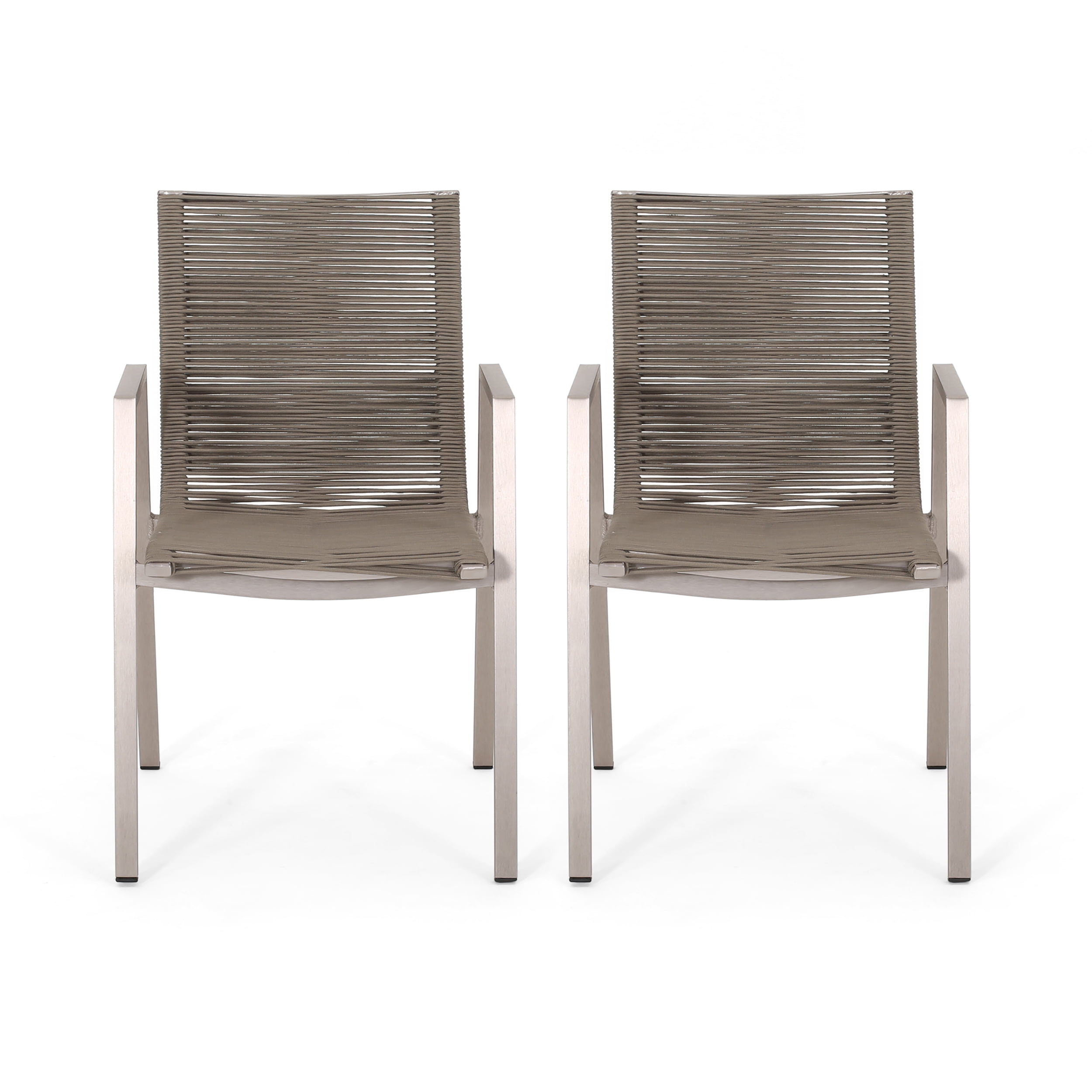 Outdoor Rope Surface Dining Chair Set of 2, Aluminum Frame Household Seats for Patio Garden, Silver and Taupe