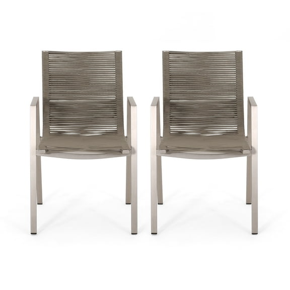 GDF Studio Kalli Outdoor Modern Aluminum Dining Chair with Rope Seat (Set of 2), Silver and Taupe