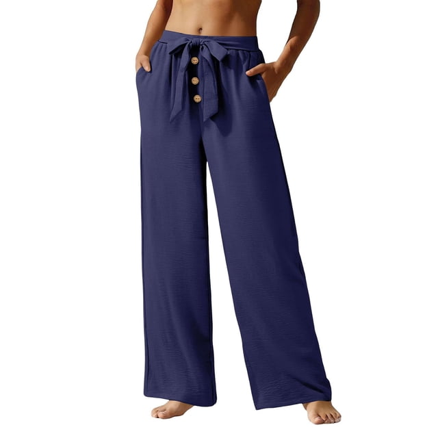 TaTaai Womens High Waist Loose Wide Leg Pants Solid Color Elastic Drawstring Waist Straight Casual Trousers Soft Lightweight Comfy Bottoms For Daily Holiday Seaside Wear Gift