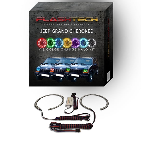 Flashtech RGB Multi Color Changing LED Halo kit for 93-98 Jeep Grand Cherokee Headlights