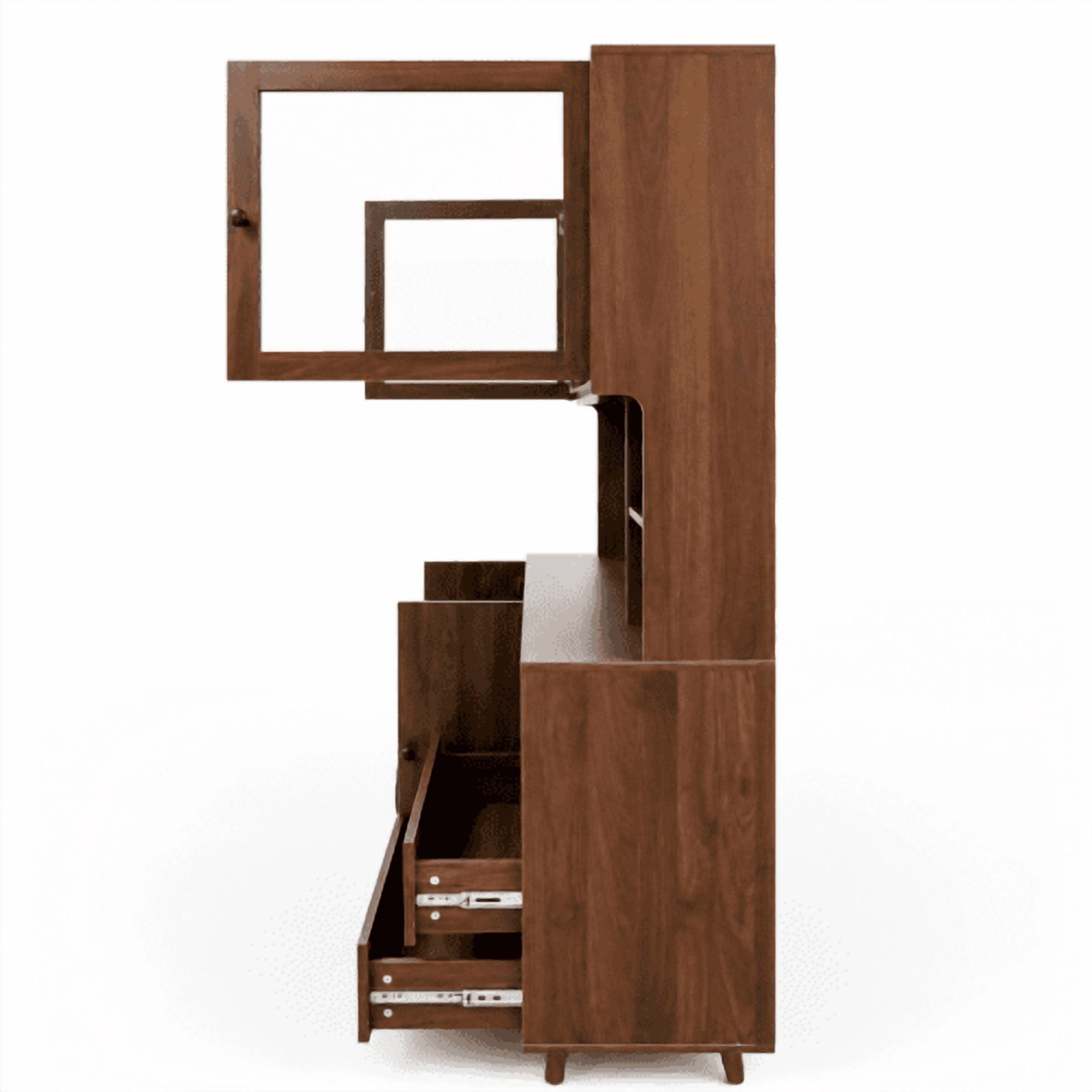 Modern Kitchen Buffet Hutch Cabinet with Glass Doors, Large Pantry Storage Cupboard with Microwave Stand and Drawers, Sideboard for Dining Room, Walnut