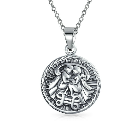 Bling Jewelry Unisex Gemini Zodiac Sign Astrology Horoscope Round Medallion Pendant Necklace Silver