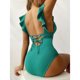 thumbnail image 4 of Traje de baño de una pieza para mujer, cuello en V profundo, volantes, correa para el hombro, traje de baño sin espalda para verano, verde M, 4 of 6