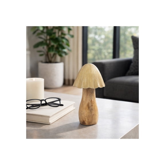 Mushroom with Metal Top for Home Decor - Figurine for Bathroom, Office, Room and Living Room - Modern Wood and Metal Sculpture Ornament for Shelf or Coffee Table Display - 8", Gold & Metallic