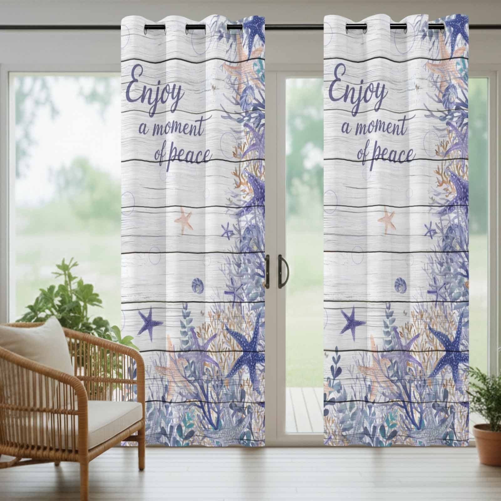 Purple Ocean Outdoor Curtains for Patio, Enjoy A Moment of Peace Beach Starfish Shell Wood Grain Sunshade Privacy Drapes Grommet Waterproof Outside Curtains for Porch Balcony 54"x 108", 1 Panel