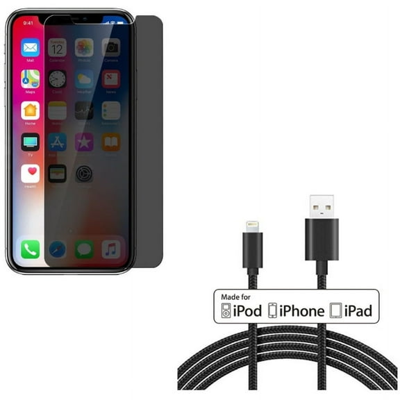 iPhone XS/X - 10ft MFi USB Cable w Tempered Glass Privacy Screen Protector - Certified Charger Cord Power Wire Braided Long, Curved Anti-Spy Anti-Peep 3D Edge Case Friendly