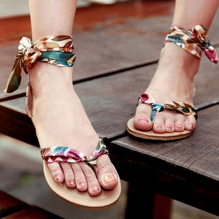 

YanHoo Clearance Travel Sandals For Women Girls Dresssy 2023 Open Toe Tie Up Ankle Wrap Flat Gladiator Sandals Summer Boho Shoes For Women Vintage Flip Flops