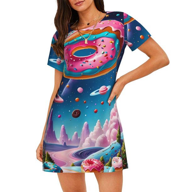 Disketp Colorful Donut para Camisón Corto de Manga Corta para Mujeres, Camisón Cómodo con Escote Redondo, Bonito y Confortable