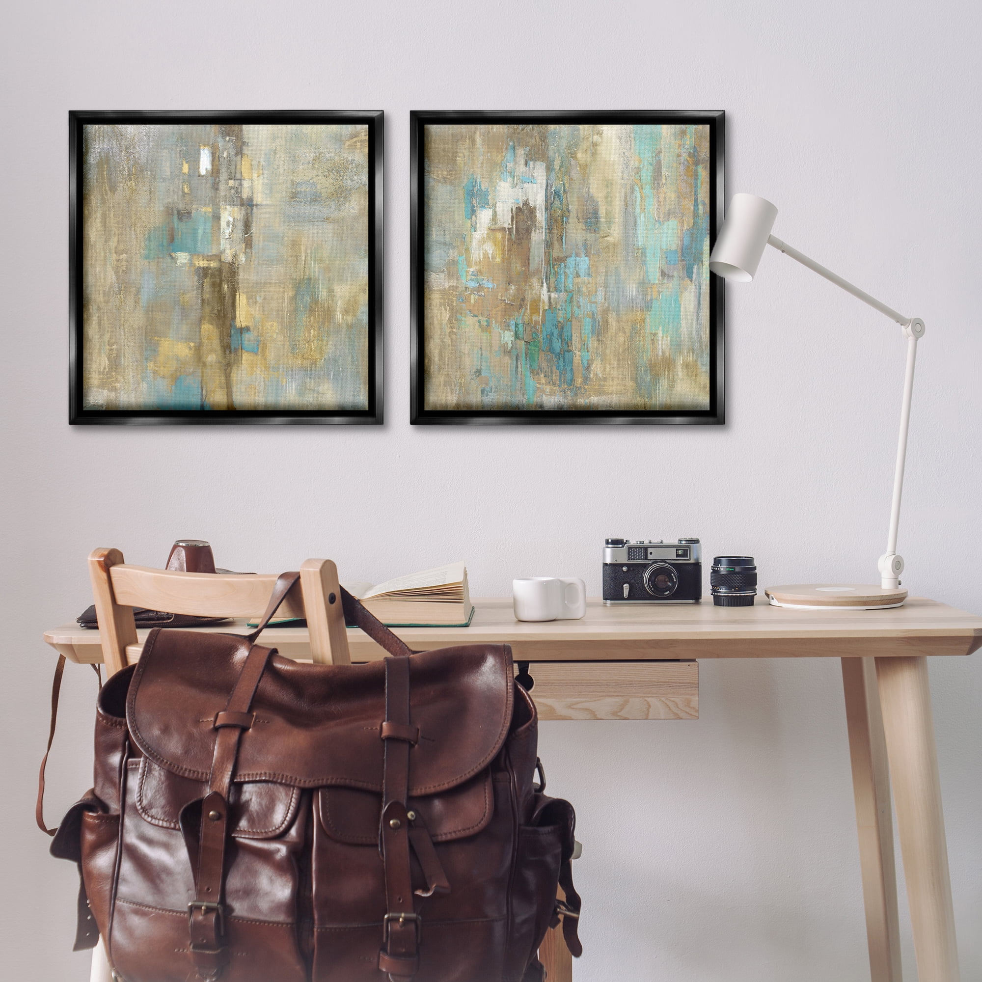 Stupell Industries Blue & Rustic Gold Composition Plants & Flowers Painting Black Floater Framed Canvas Art Print Wall Art, 25 x 25, Set of 2