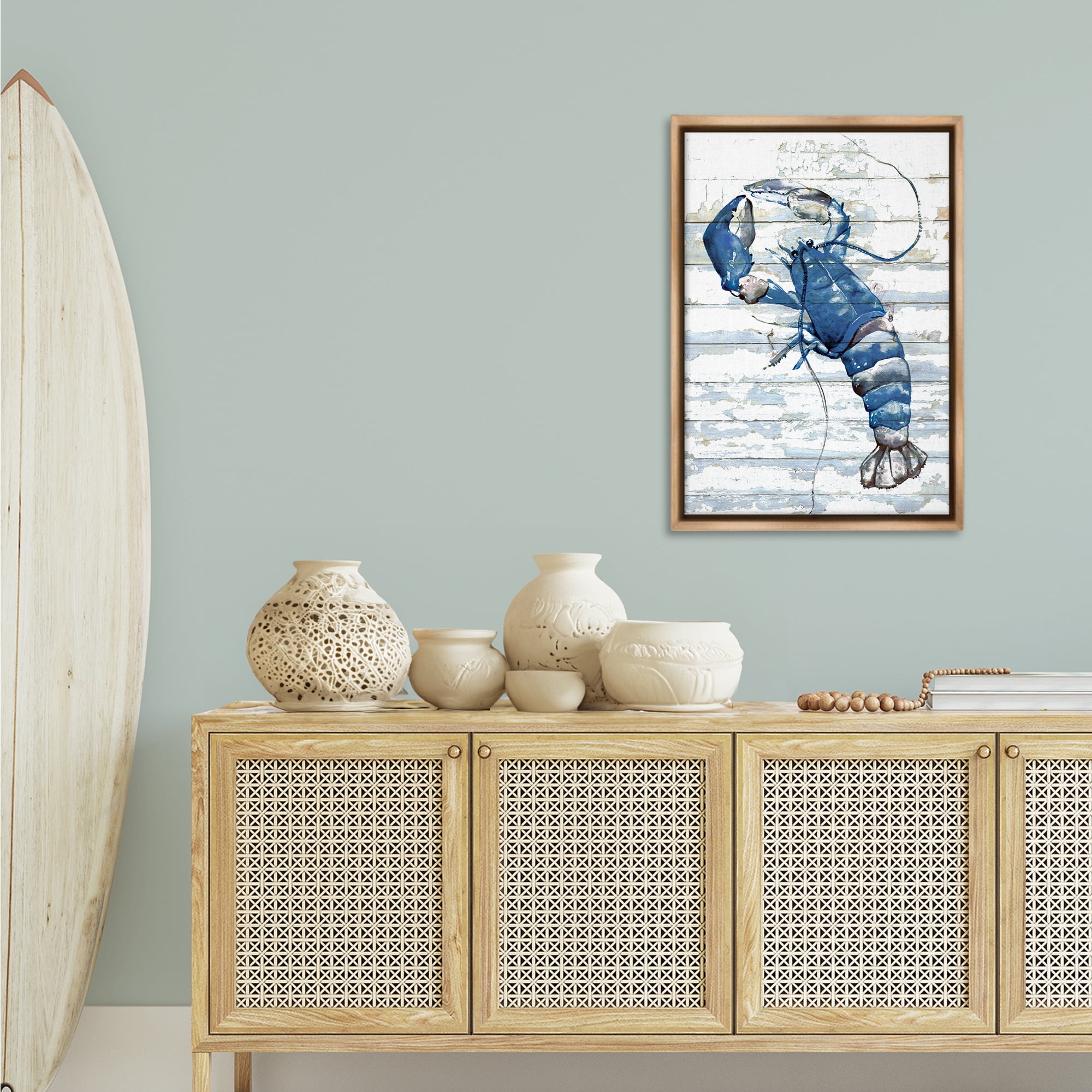 Stupell Industries Blue Lobster on Distressed Animals Painting Brown Floater Framed Canvas Art Print Wall Art, 21 x 31