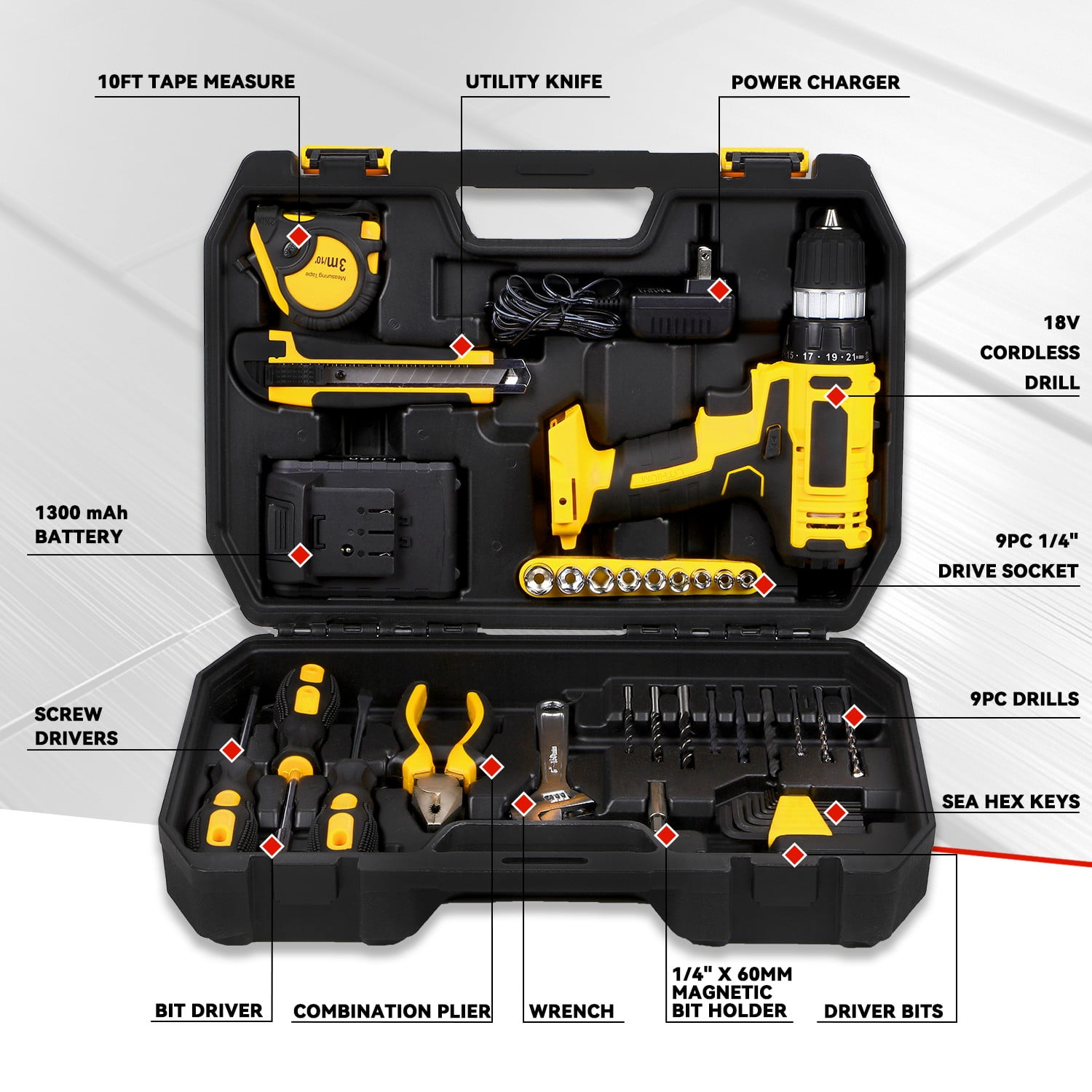 DNA Motoring 18V, 46-Pack Battery Powered Tool Sets