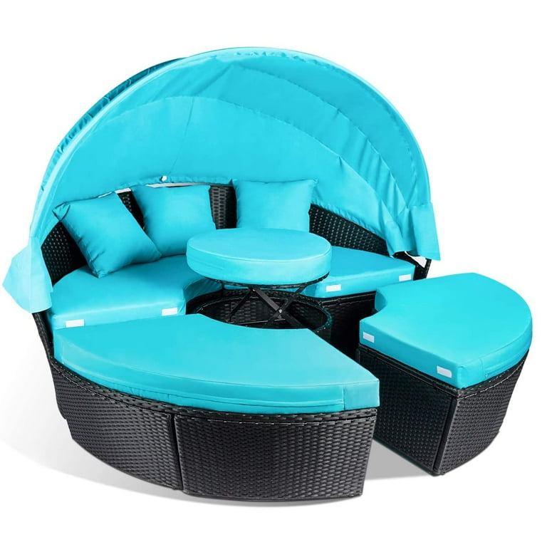 Clearance Patio Furniture Outdoor Daybed with Retractable Canopy and Soft Cushions PE Wicker Rattan Round Sectional Sofa Set for Lawn Garden