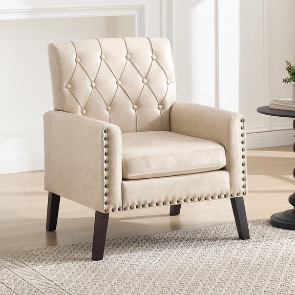 Mid Century Modern Accent Chair, White Brown Faux Leather Club Chair for Living Room, Bedroom, Office, or Reception Room