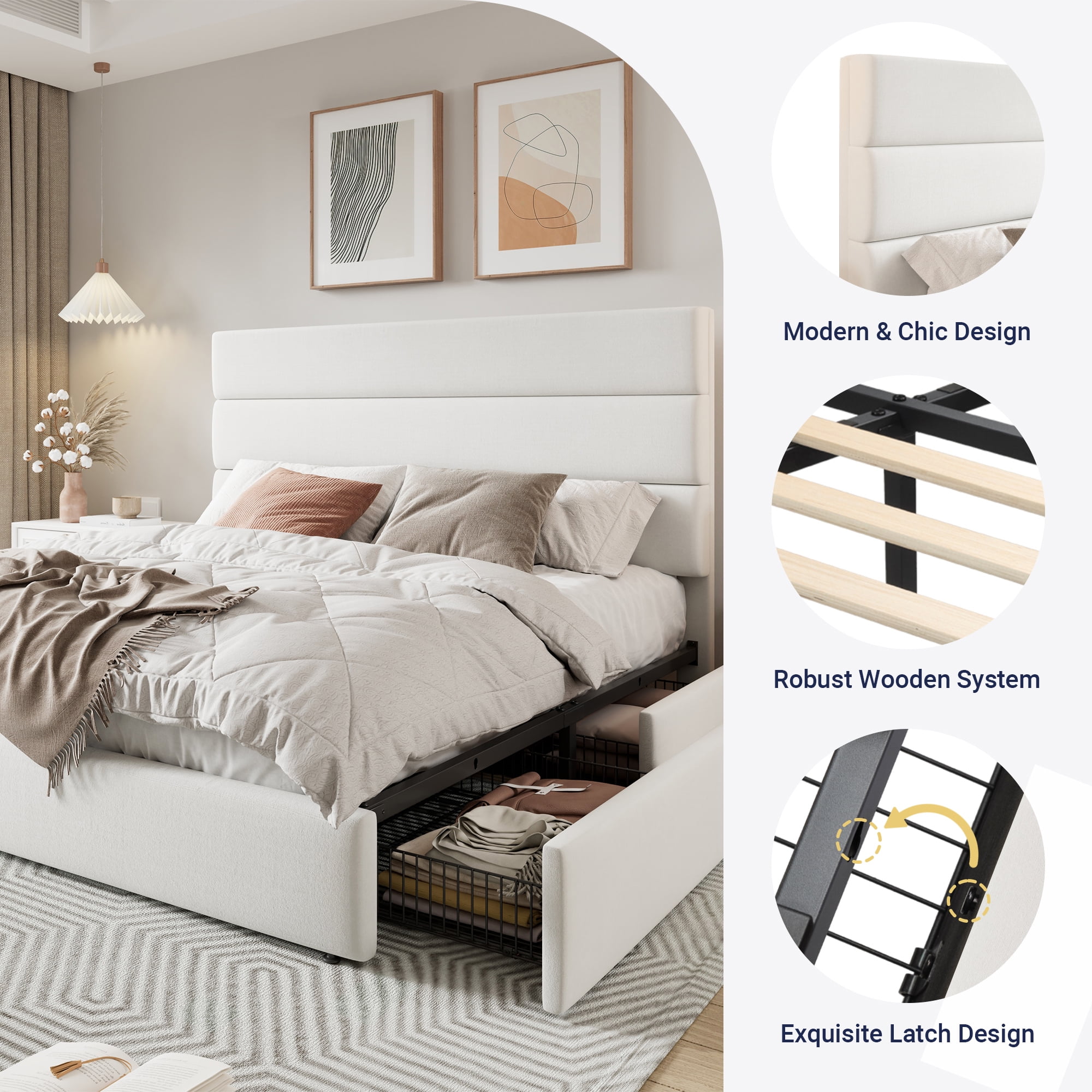 Allewie Modern Queen Size Platform Bed Frame with 4 Storage Drawers and Velvet Upholstered Headboard, Wooden Slats Support, White