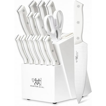 HUNTER.DUAL Knife Set, 15 Piece Kitchen Knife Set with Block Self Sharpening, Dishwasher Safe, Anti-slip Handle, White