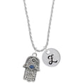 thumbnail image 1 of Delight Jewelry Silvertone Hamsa Hand with Blue Crystal Silvertone Script Initial Disc - Z - Charm Necklace, 20"+3", 1 of 4