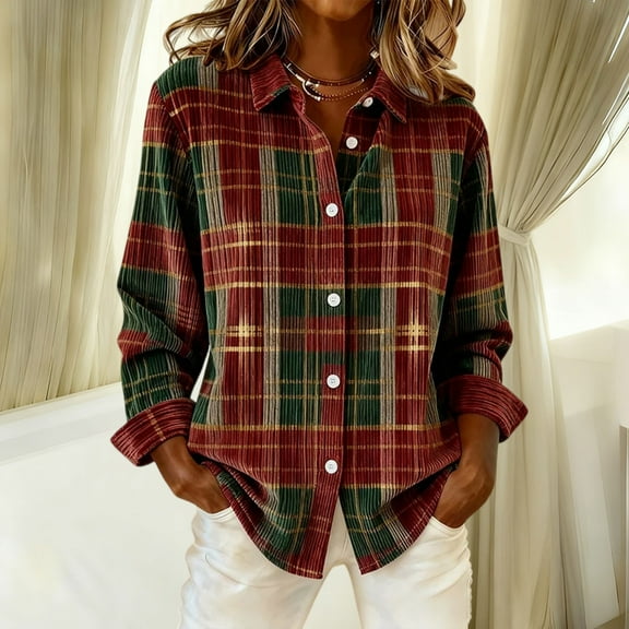 Xuniizn Button Down Shirts for Women, Plaid Floral Print Long Sleeve Business Casual Tops, Lightweight Soft Comfortable Trendy Corduroy Dressy Blouse, S-2XL