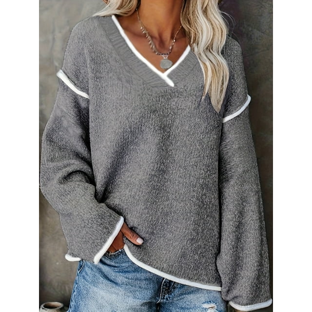Plus Size Women Casual Sweater - Soft & Comfy Long Sleeve V-Neck Trendy Drop Shoulder