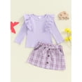 thumbnail image 2 of Suealasg Little Girls Fall Skirt Sets 6M 1T 2T 3T 4T Toddler Baby Girls Ruffled Long Sleeve Crew Neck Ribbed Tops +Plaid Pattern Skirt with Belt, 2 of 7