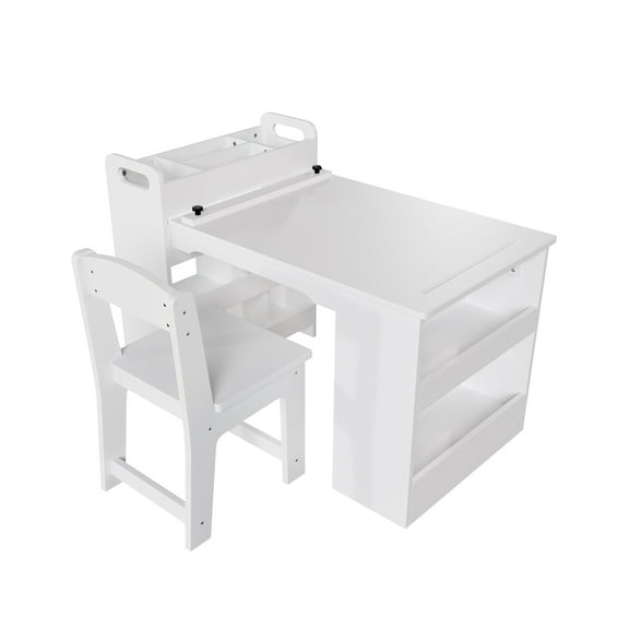 Kids Art Table and Chair Set with Storage Shelves & Paper Roll – Large Wooden Craft & Activity Desk for Drawing, Painting, Learning, Reading – 3-Piece Set – White