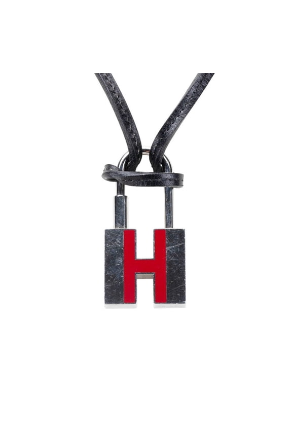 Pre-Owned Hermes Herms H motif padlock necklace in silver, red, black metal and leather for...