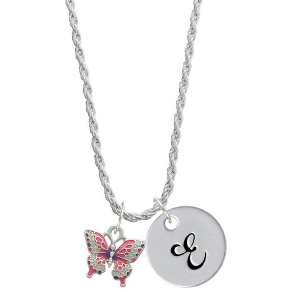Delight Jewelry Silvertone Small Hot Pink & Purple Butterfly Silvertone Script Initial Disc - E - Charm Necklace, 20"+3"