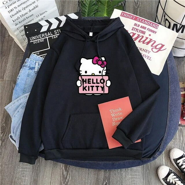 Sanrio Hello Kitty Chandails en Molleton à Capuche Imprimés Mignons Dessin Animé Rose pour Femmes Mode Ample Oversize Décontracté Pullovers Chandails à Capuchon