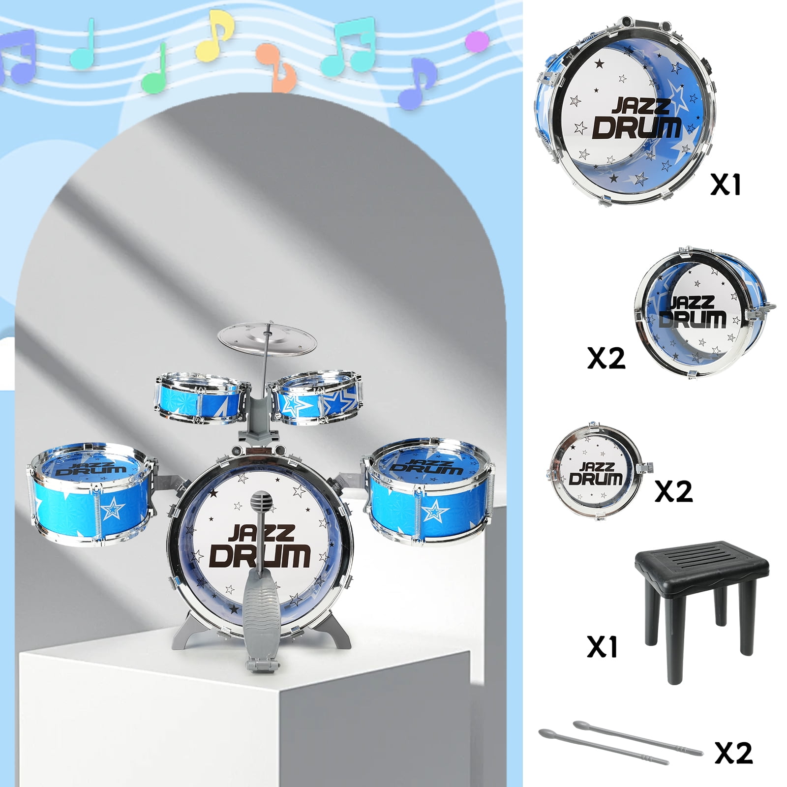 JBeeCtrl Kids Drum Set for Toddlers 1-3 Drum Set for Kids with Chair Musical Jazz Drum Toys for Boys Girls Aged 2 3 4 5 6 7 Drum Kit Instrument Christmas Birthday Gift