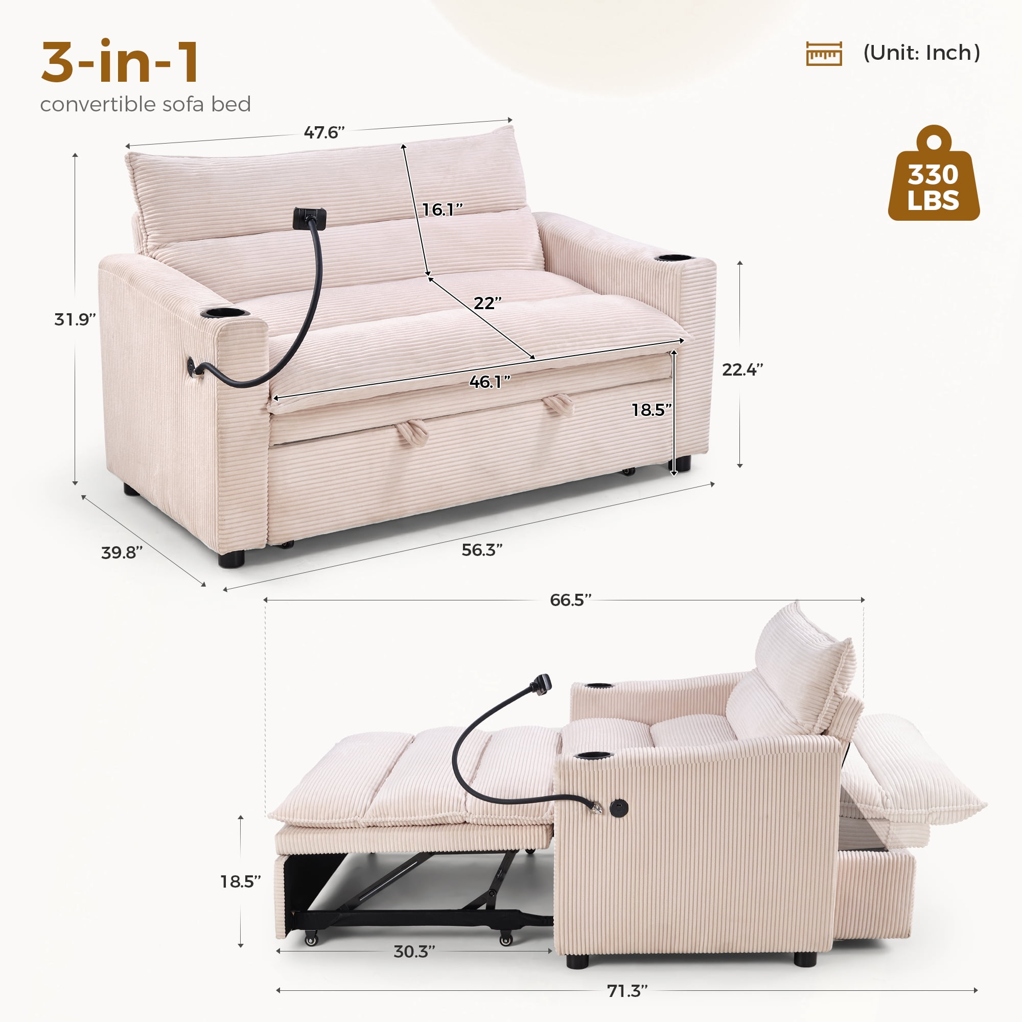 Ebello 3-in-1 Sleeper Sofa Bed, Corduroy Convertible Pullout Futon Couch with Adjustable Backrest, Phone Holders & USB Ports for Apartment, Small Space, 2-Seat(Beige)