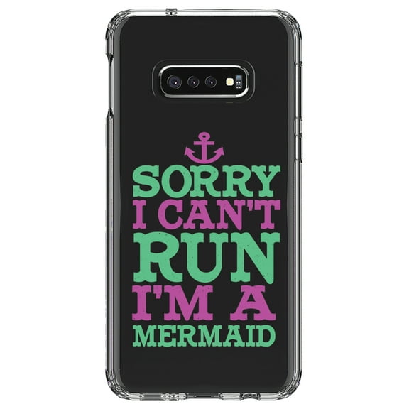 DistinctInk Clear Shockproof Hybrid Case for Samsung Galaxy S10e (5.8" Screen) - TPU Bumper Acrylic Back Tempered Glass Screen Protector - Sorry I Can't Run I'm a Mermaid