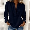 thumbnail image 2 of LNWUY Summer Linen Shirts for Women Loose Fit V Neck Button Long Sleeve Shirt Cotton Beach Vacation Tunic Tops Blue L, 2 of 5