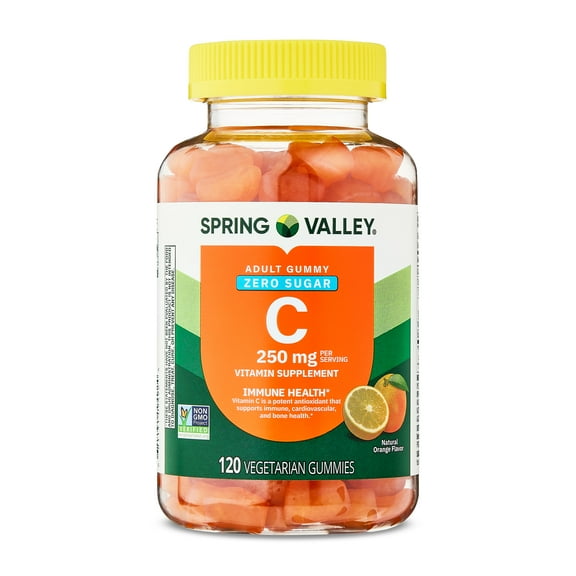 Spring Valley Zero Sugar Vitamin C Dietary Supplement Vegetarian Gummies for Immune Health, Orange Flavor, 250 mg, 120 Count
