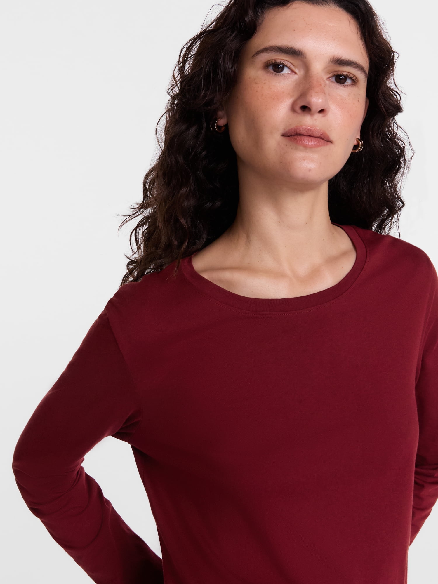 Scenario Women's Cotton Crewneck Tee with Long Sleeves, Sizes XS-XXXL