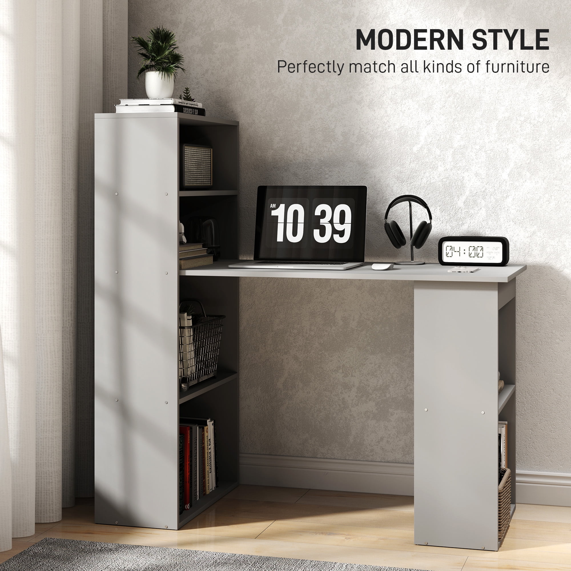 HOMCOM Modern Compact Computer Desk with 6-Tier Storage Shelves, Writing Table Workstation with Bookshelf for Home Office, Gray