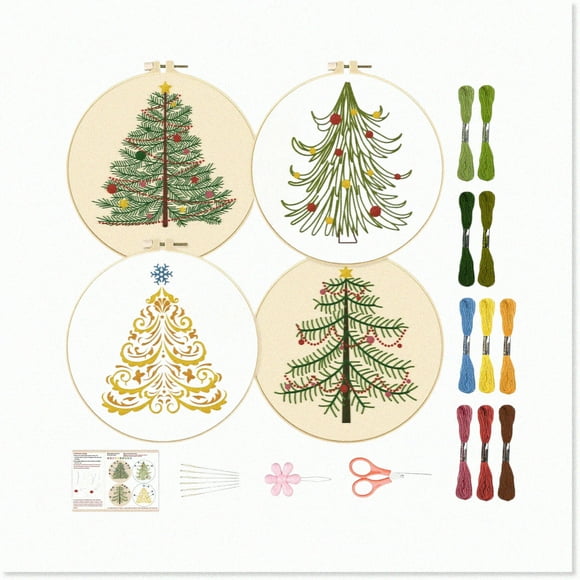 Merry Snowflake Pine Tree Embroidery Kit - DIY Adult Beginner Stamped Cross Stitch with Patterns and Instructions