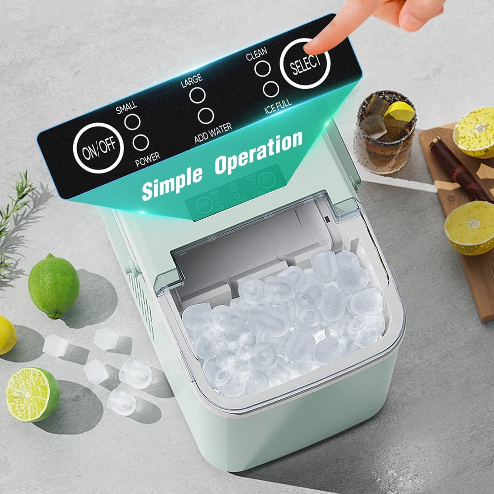 Portable Self Cleaning Countertop Ice Maker Machine, 6 Mins/9 Pcs, 26.5lbs/24Hrs, 2 Sizes of Bullet Ice, Ideal for Kitchen, Office, and Parties, Stainless Steel Green Ice Maker with Scoop and Basket