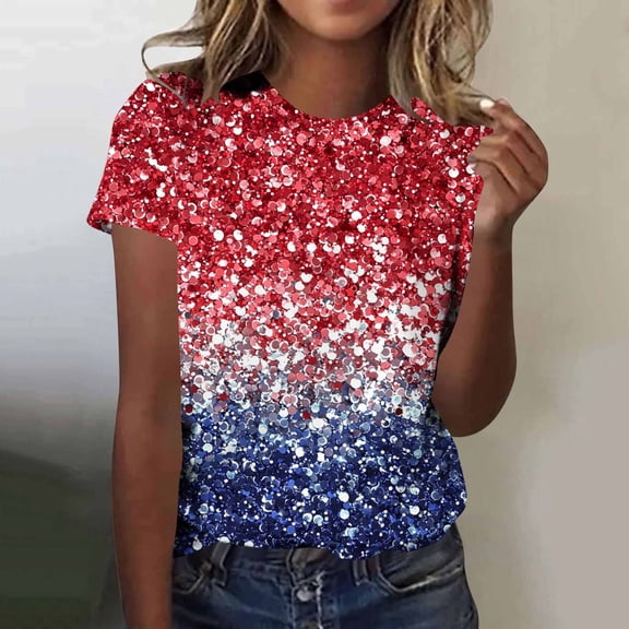 Goodtrade8 American Flag T Shirts for Women Short Sleeve Casual Pullover 4th of July Red White and Blue Crew Neck Red White and Blue , Summer Independence Day Juniors Tops Graphic