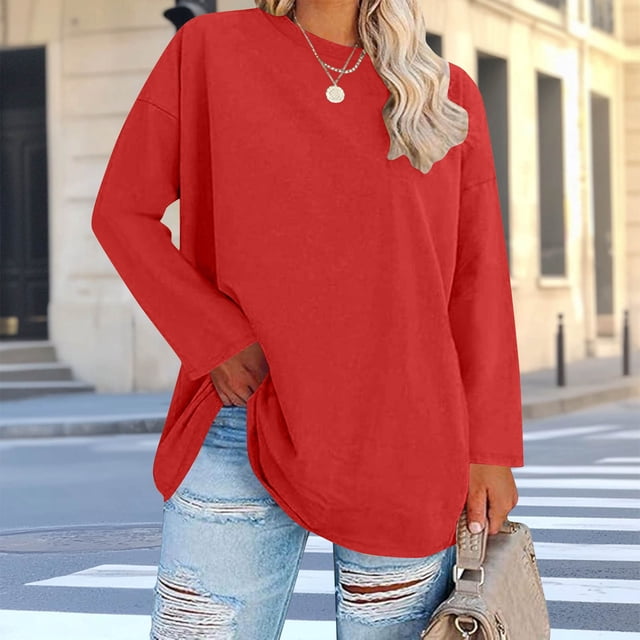 Ailaofu Hauts Grande Taille pour Femmes Manches Longues Col Rond T-Shirts Amples Décontractés Tuniques