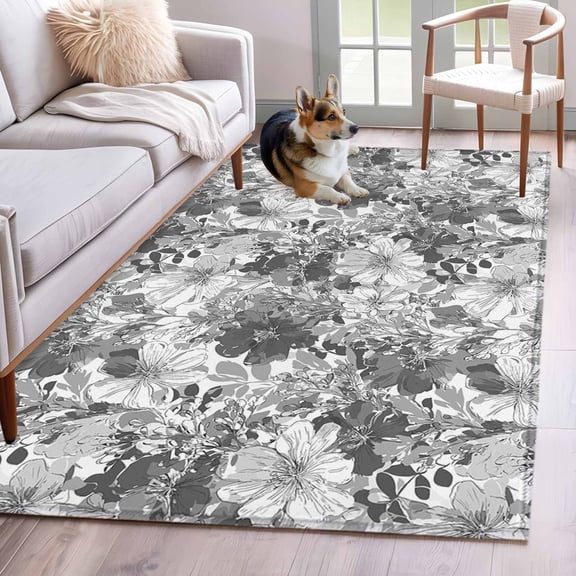 Rectangle Area Rugs 3 x 5 Ft, Spring Floral Non-Slip Residential Carpet, Retro Country Flowers Leaves Botanical Gray Indoor Crawling Mats Runner Rugs for Living Room/Dining Room/Bedroom