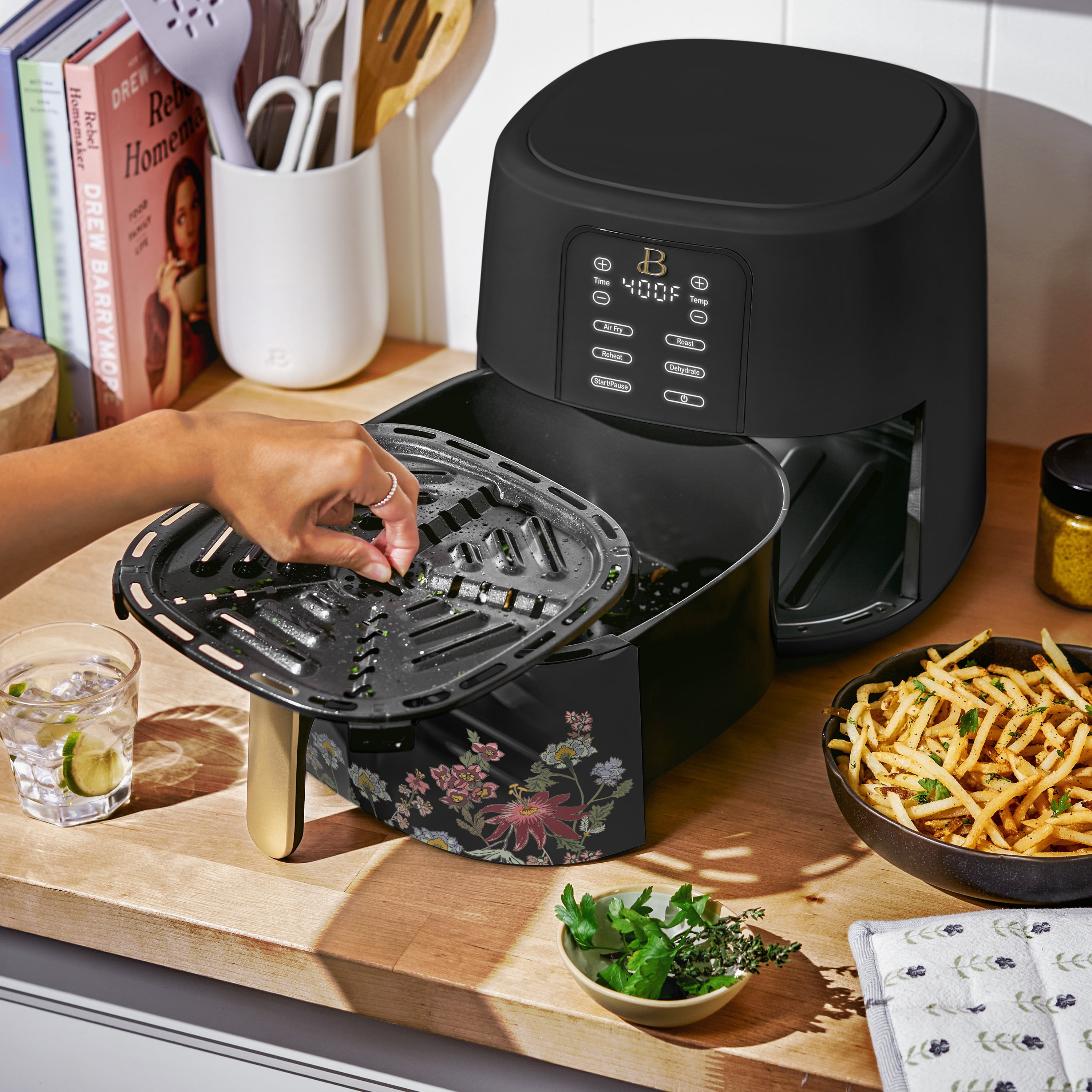 Beautiful 6 Qt Air Fryer with TurboCrisp Technology, EverGood Non-Toxic Ceramic Nonstick Coating, Wildflower Black Sesame by Drew Barrymore