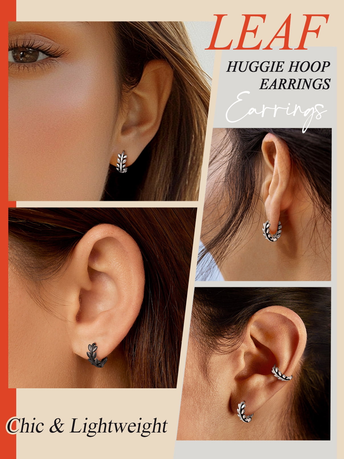 FaithHeart Leaf Huggie Hoop Earrings for Women Stainless Steel Lightweight Dainty Hypoallergenic Small 12mm Cartilage Huggies Black Earrings Jewelry Gift for Daughter Mom Mothers Day