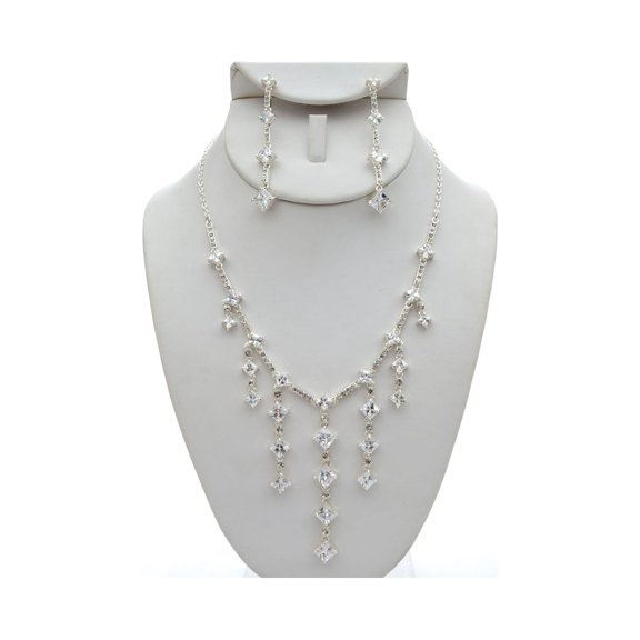 Silver Crystal Diamond Shape Cubic Zirconia Dangle Necklace & Matching Dangle Earrings Jewelry Set